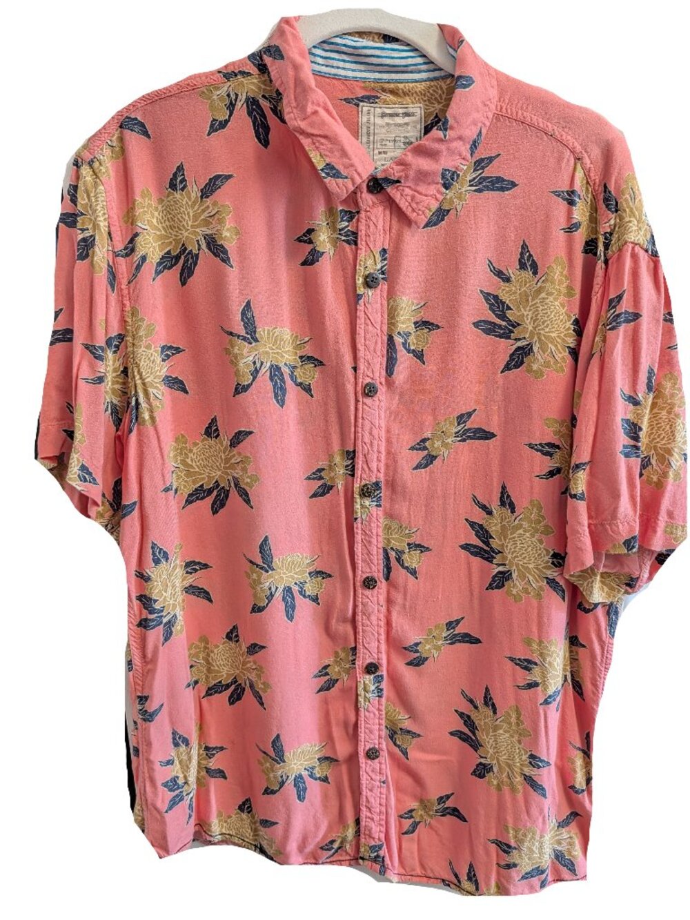 Mens pink floral tropical button down short sleeve shirt L